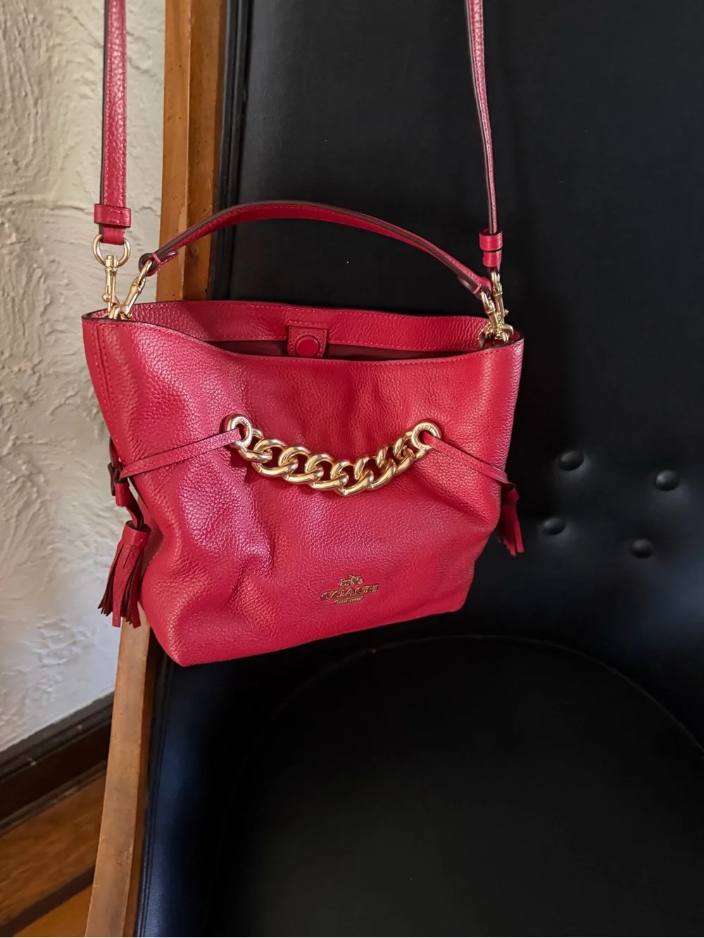 Coach Red Pebbled Leather Shoulder Bag with Gold Chain Detail